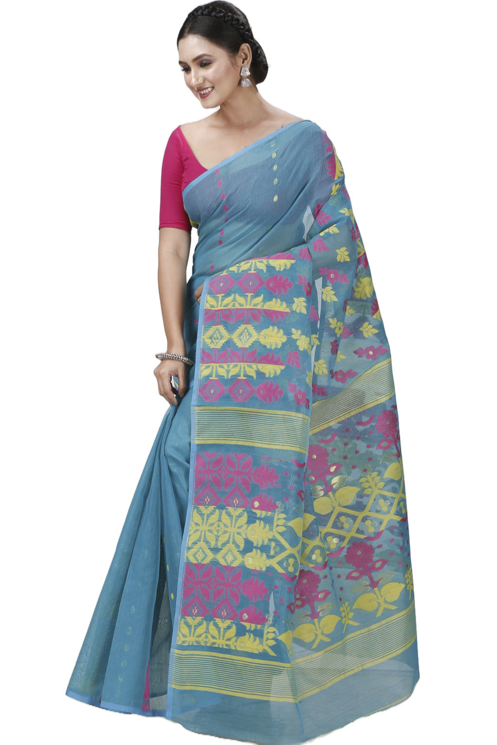 Dark Green Pure Cotton Urmila Jamdani Saree (1123)